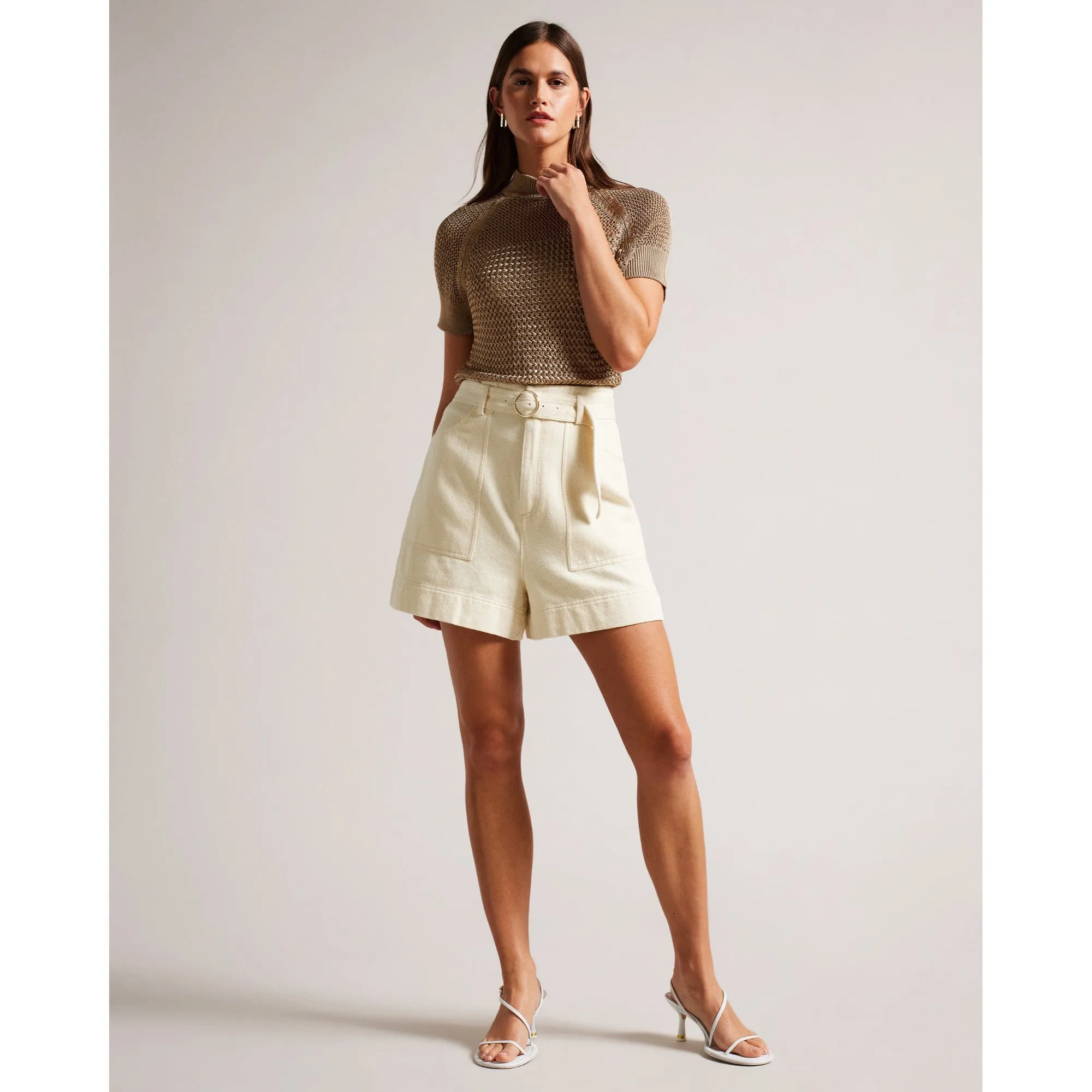 Women Wmt-Indigow-High Waisted Belted Shorts - Ivory