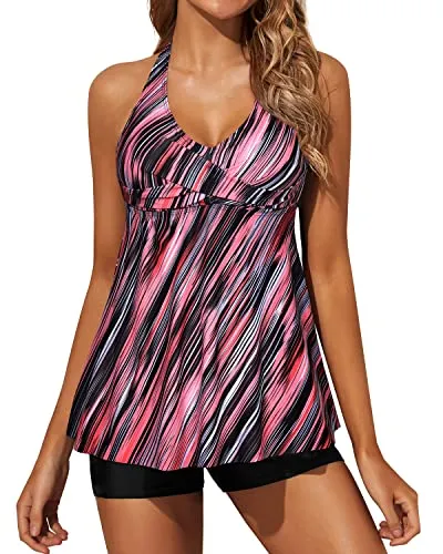 Women's 2 Piece Halter Tankini Swimsuit Shorts And Flowy Twist Front-Pink Stripe