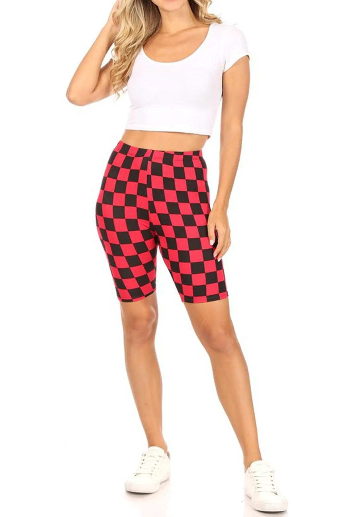 Women's Casual Checkered Plaid  Band Waist Stretch Biker Shorts