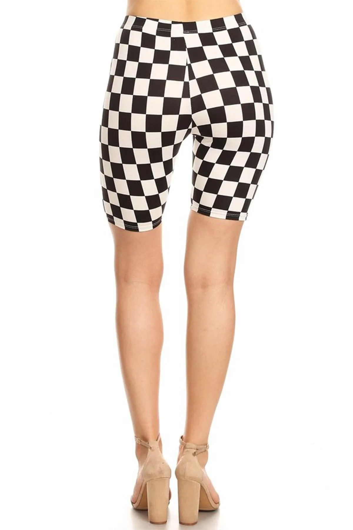 Women's Casual Checkered Plaid  Band Waist Stretch Biker Shorts