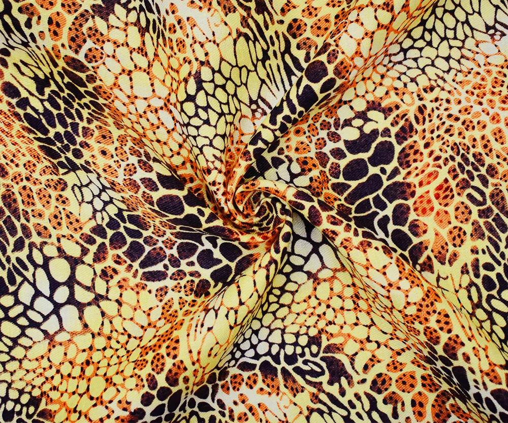 Yellow-Brown-Orange Abstract Cheetah Pattern Printed Linen Twill Fabric