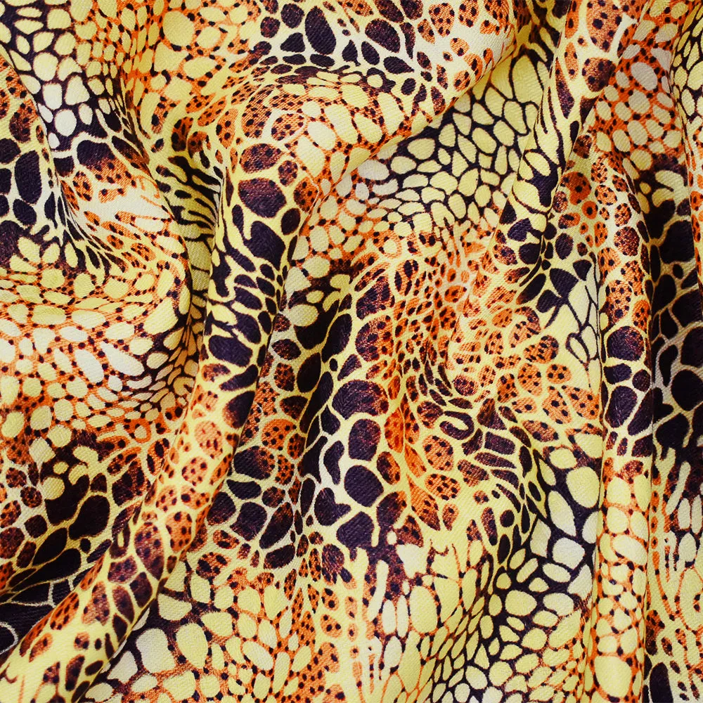 Yellow-Brown-Orange Abstract Cheetah Pattern Printed Linen Twill Fabric