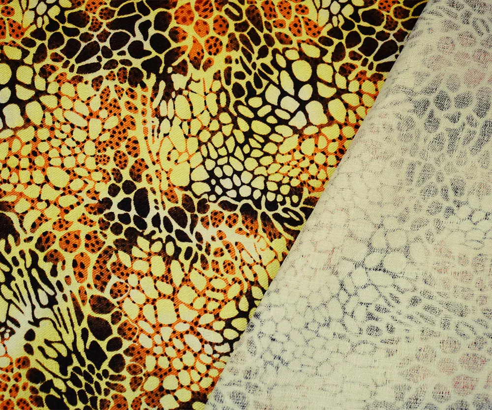 Yellow-Brown-Orange Abstract Cheetah Pattern Printed Linen Twill Fabric