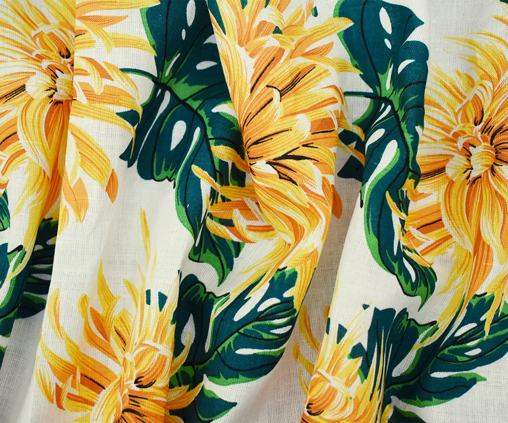 Yellow-Green-White Floral Printed Linen Woven Fabric