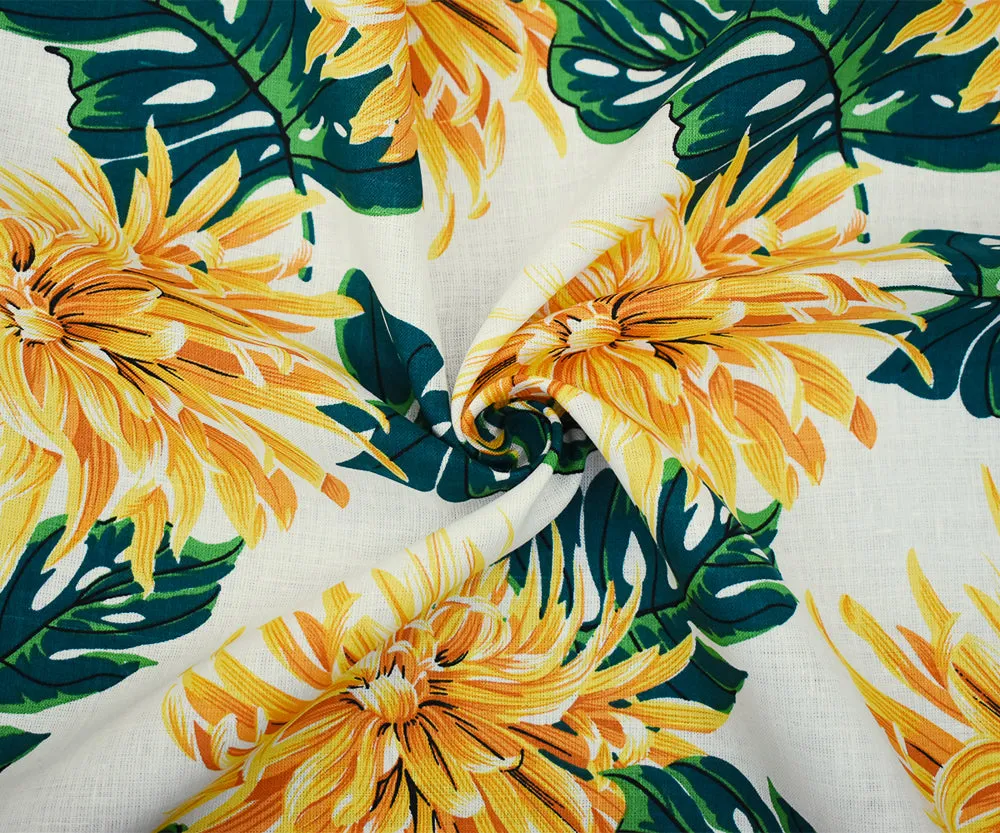 Yellow-Green-White Floral Printed Linen Woven Fabric