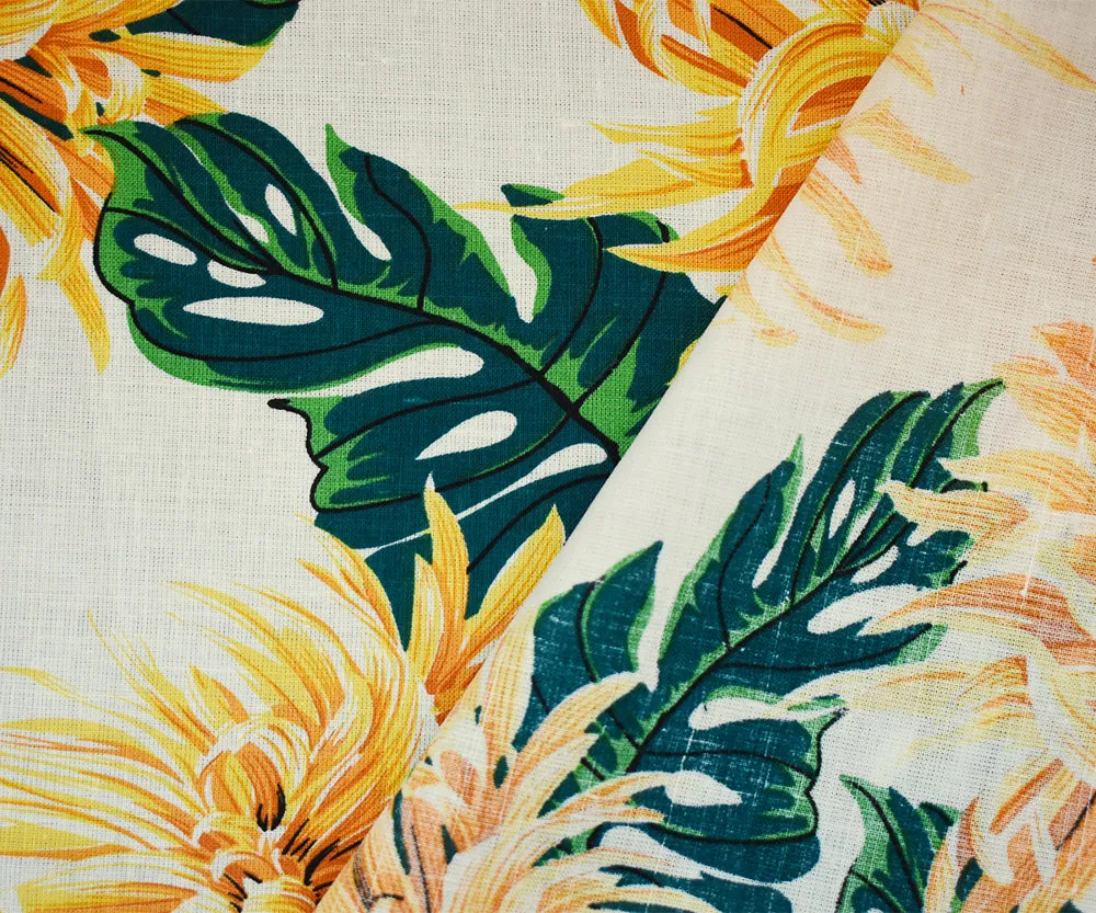 Yellow-Green-White Floral Printed Linen Woven Fabric