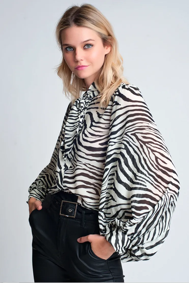 Zebra Print Flowy Sleeves Blouse